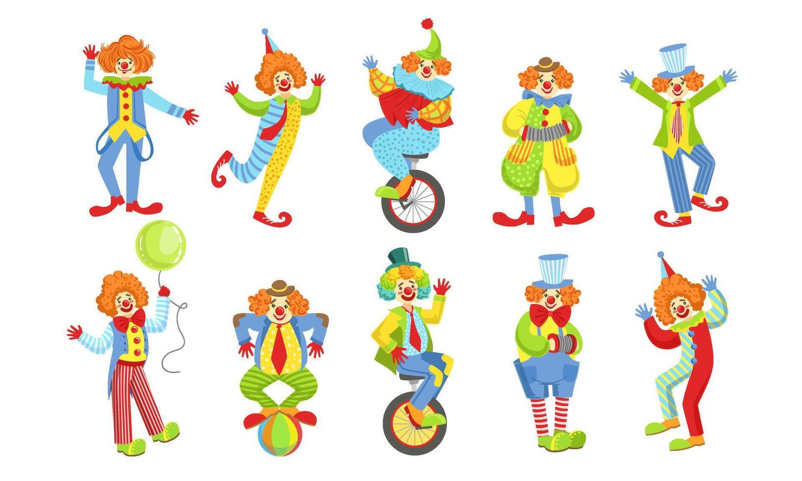 Collection of Happy Funny Clowns in Action Poses, Funny Circus Comedian Characters in Costumes Illustration vector