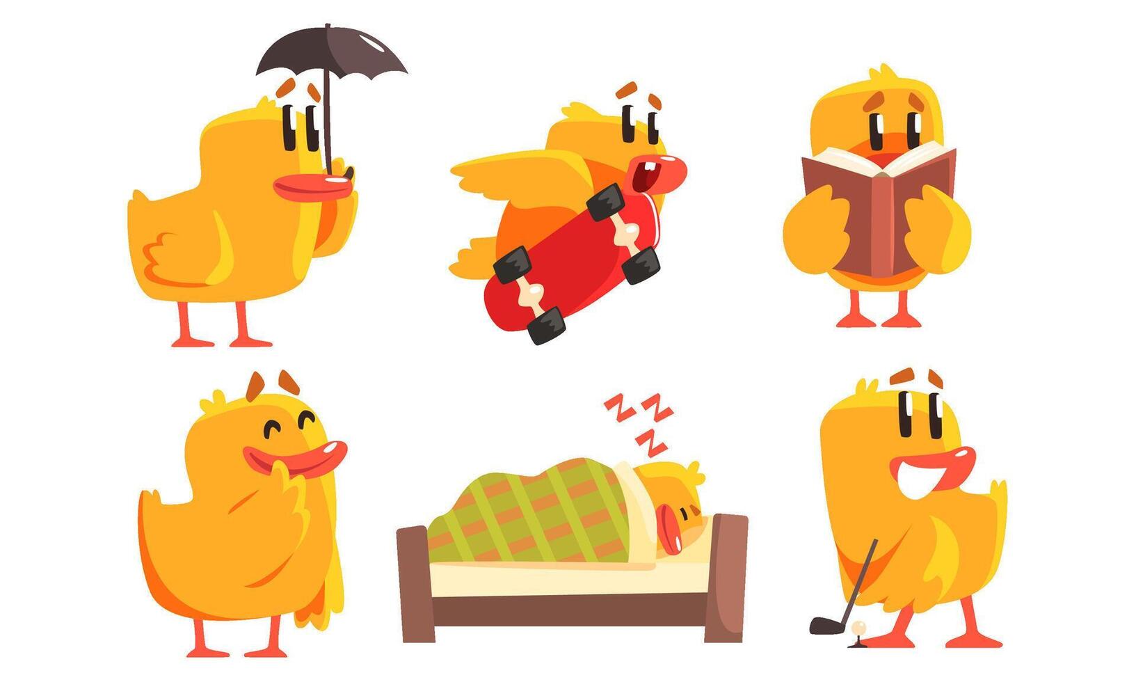 Funny Humanized Chicken in Various Situations Set, Cute Bird Cartoon Character Activity Illustration vector