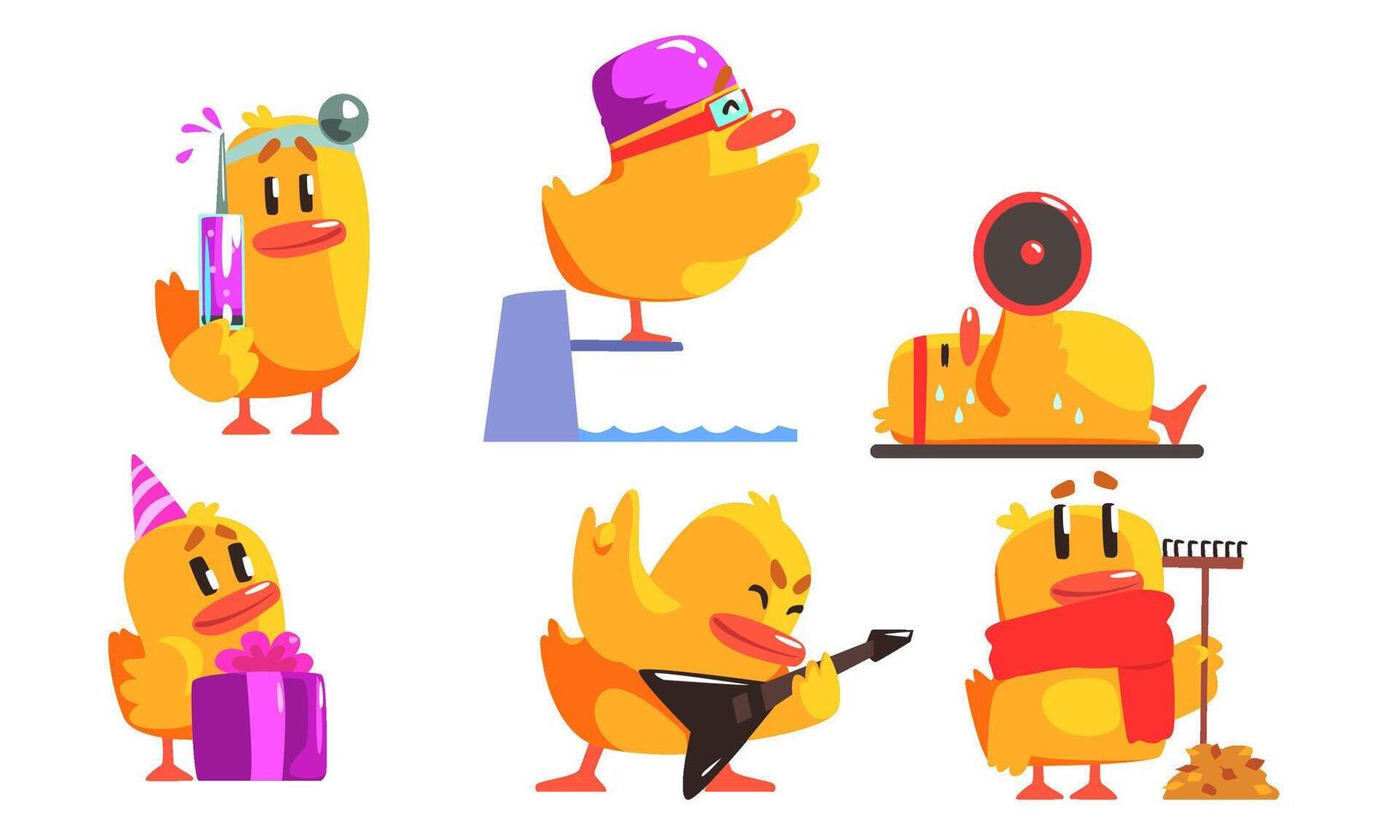 Funny Yellow Humanized Chicken in Various Situations Set, Cute Bird Cartoon Character Activity Illustration vector
