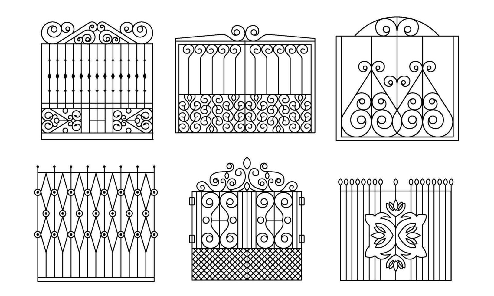Decorative Wrought Iron Gates Set, Vintage Fences with Swirls Illustration vector