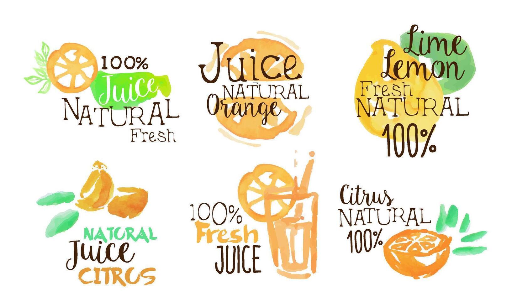 Fresh Natural Citrus Juice Labels Set, Orange, Lime, Lemon Juice Badges Hand Drawn Watercolor Illustration vector