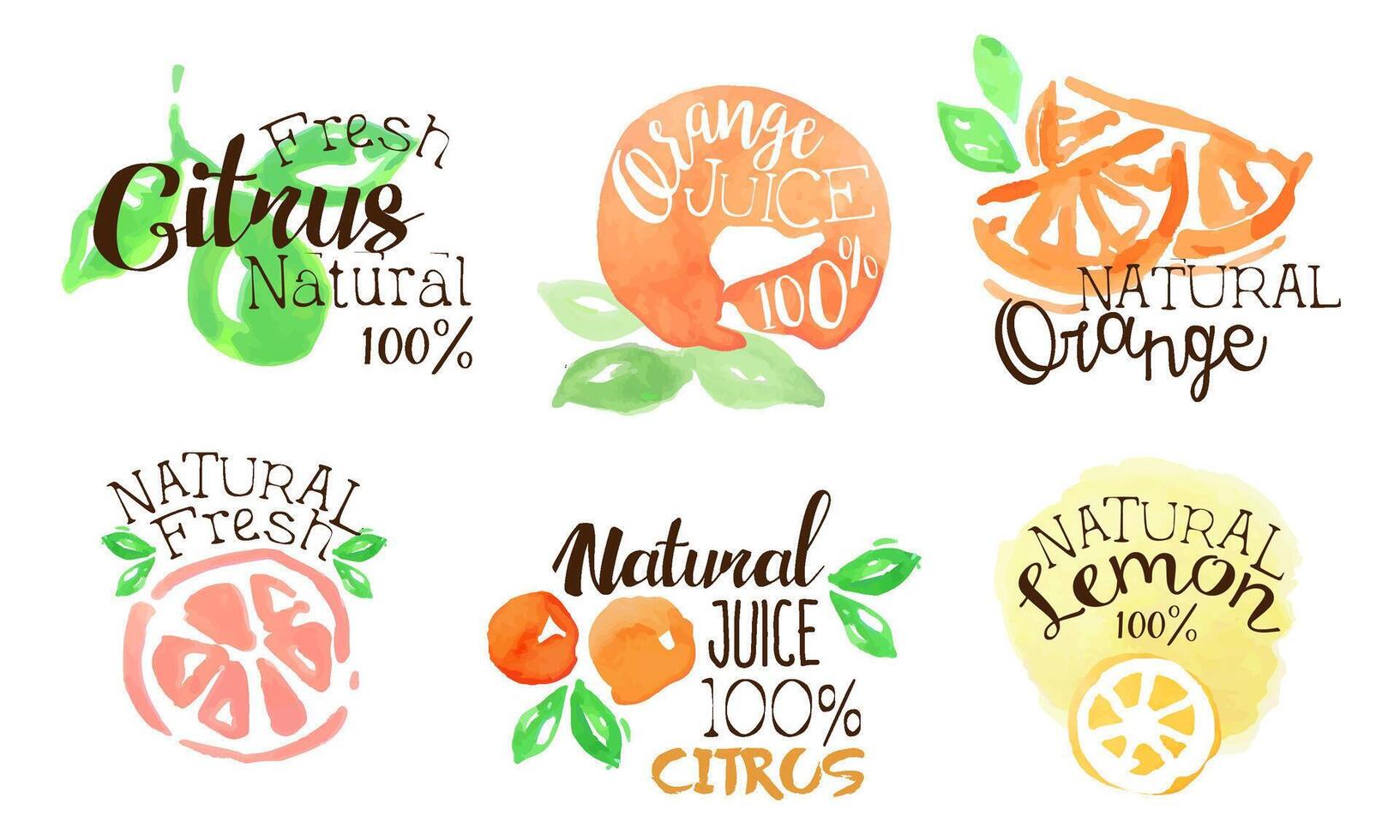Fresh Natural Citrus Juice Labels Set, Orange, Lemon Juice Badges Hand Drawn Watercolor Illustration vector