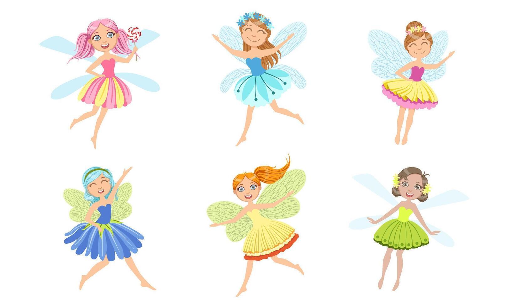 Adorable Happy Little Fairies Set, Smiling Beautiful Girls in Fairy or Elf Costumes Illustration vector