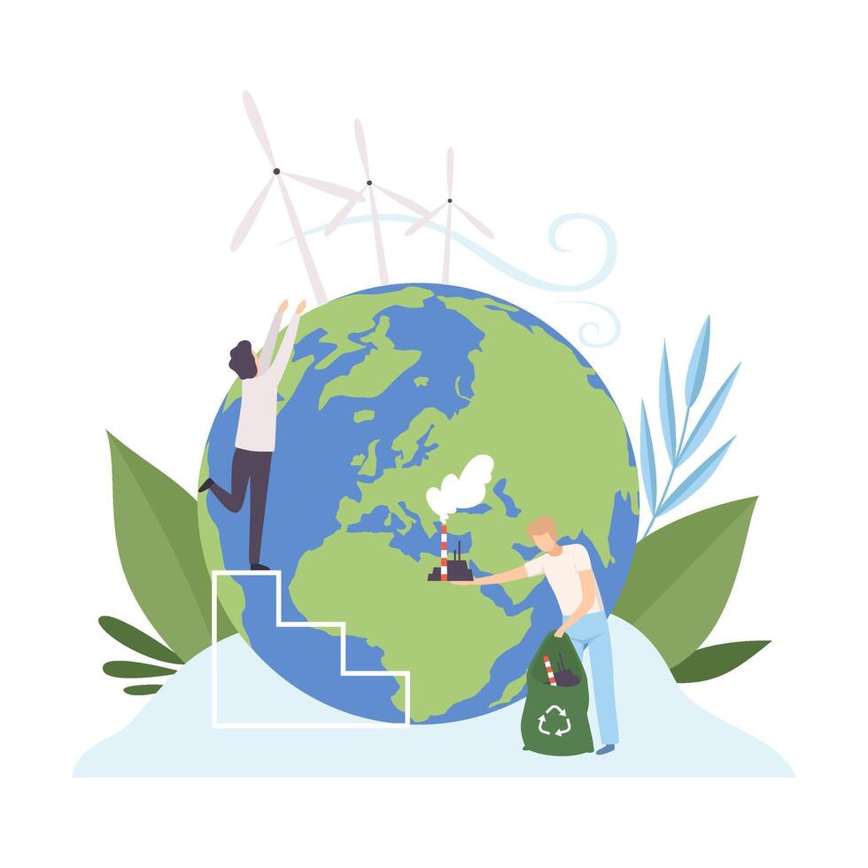 People Cleaning the Earth Planet From Industrial Waste and Building Wind Turbines, Volunteers Taking Care About Planet Ecology, Environment, Nature Protection Flat Illustration vector