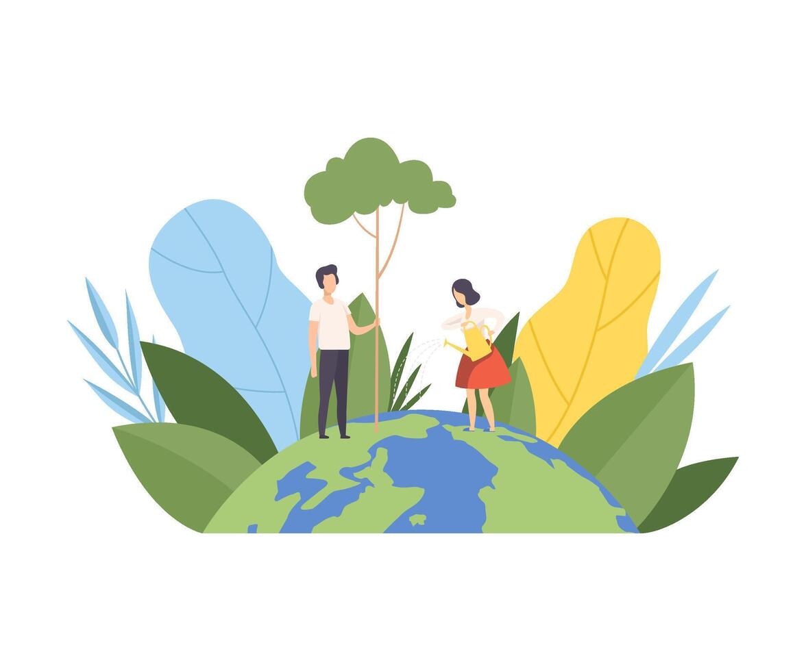 People Planting and Watering Tree, Volunteers Taking Care About Planet Ecology, Environment, Nature Protection Flat Illustration vector