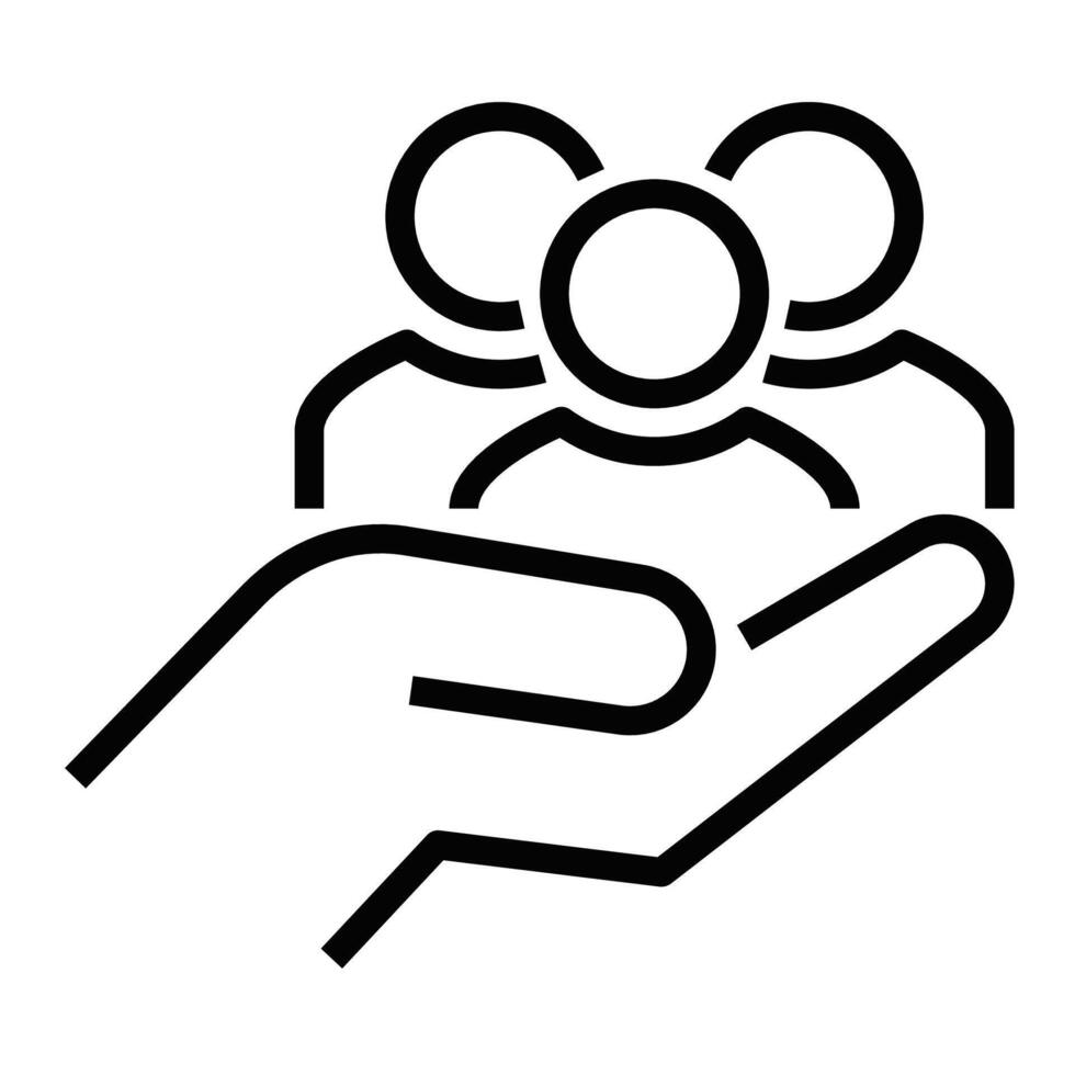 A black and white icon of a hand holding a group of people vector