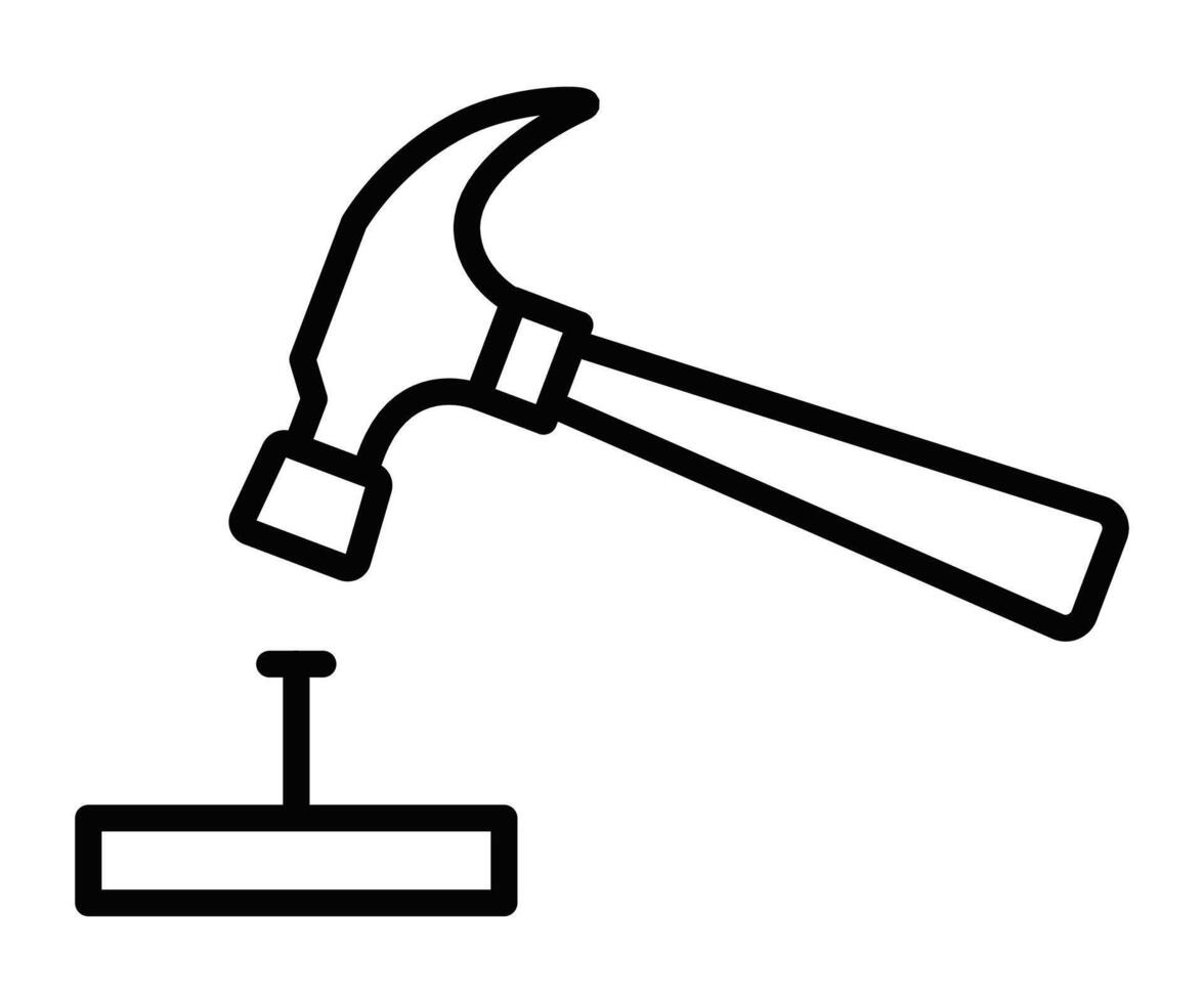 Hammer hitting nail illustration in line style. Editable stroke. vector