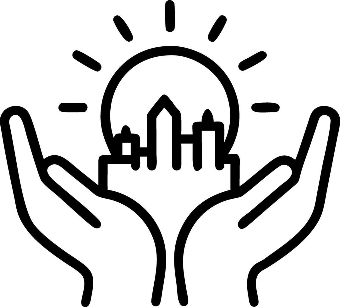 Bokeh digital art of hands holding a glowing orb with a cityscape inside and copy space above. vector