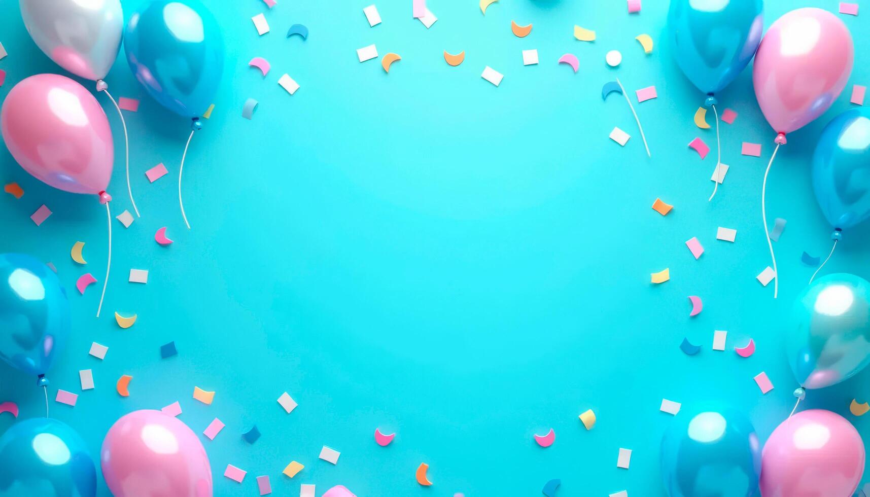 Blue background with pink and blue balloons and confetti on valentine and mother day, birthday with space for text. Scene is celebratory and festive photo