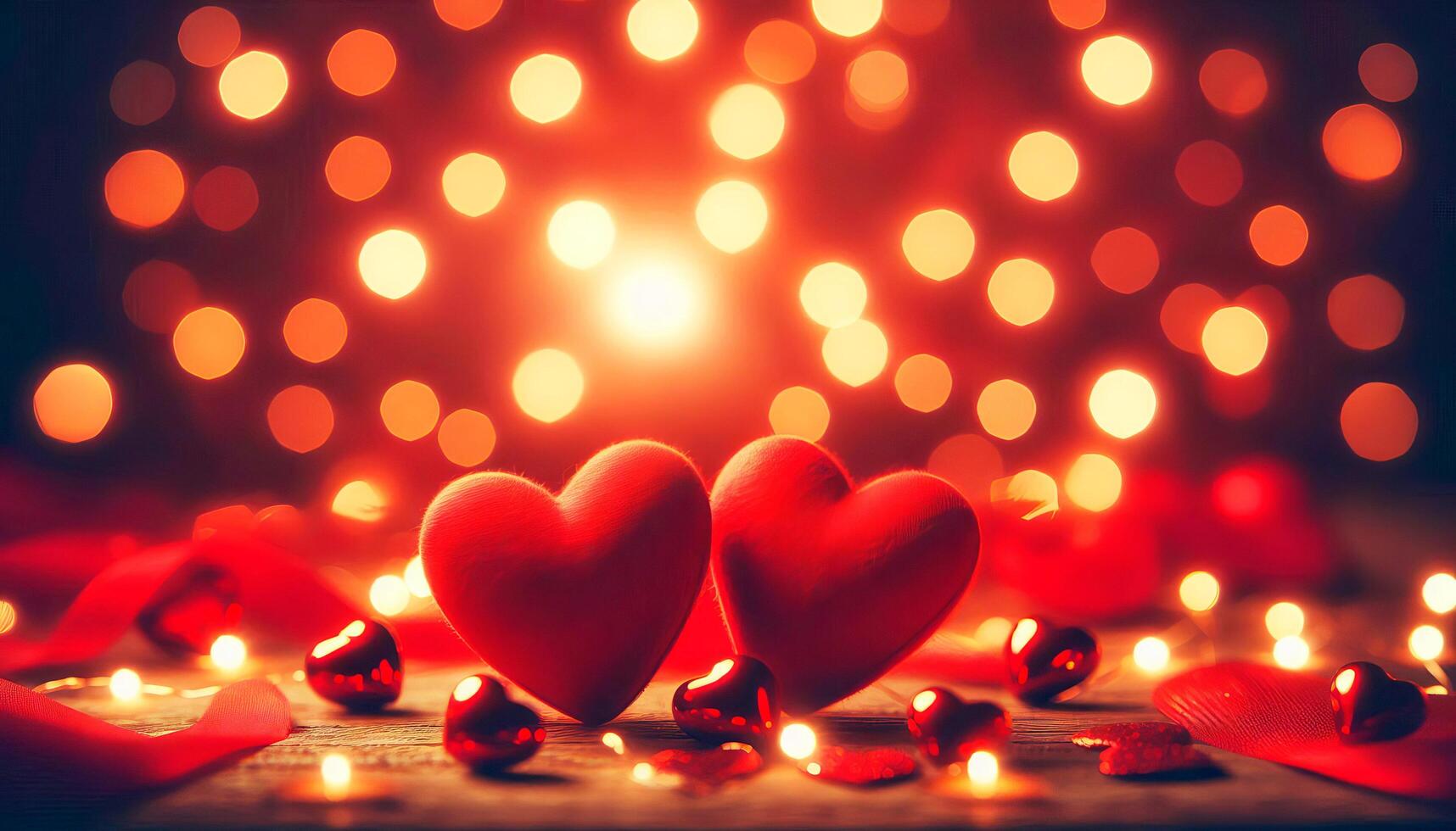 Two red hearts are placed on a table with red ribbons and other red items. Concept of love and warmth, as the hearts are a symbol of affection and the red ribbons photo
