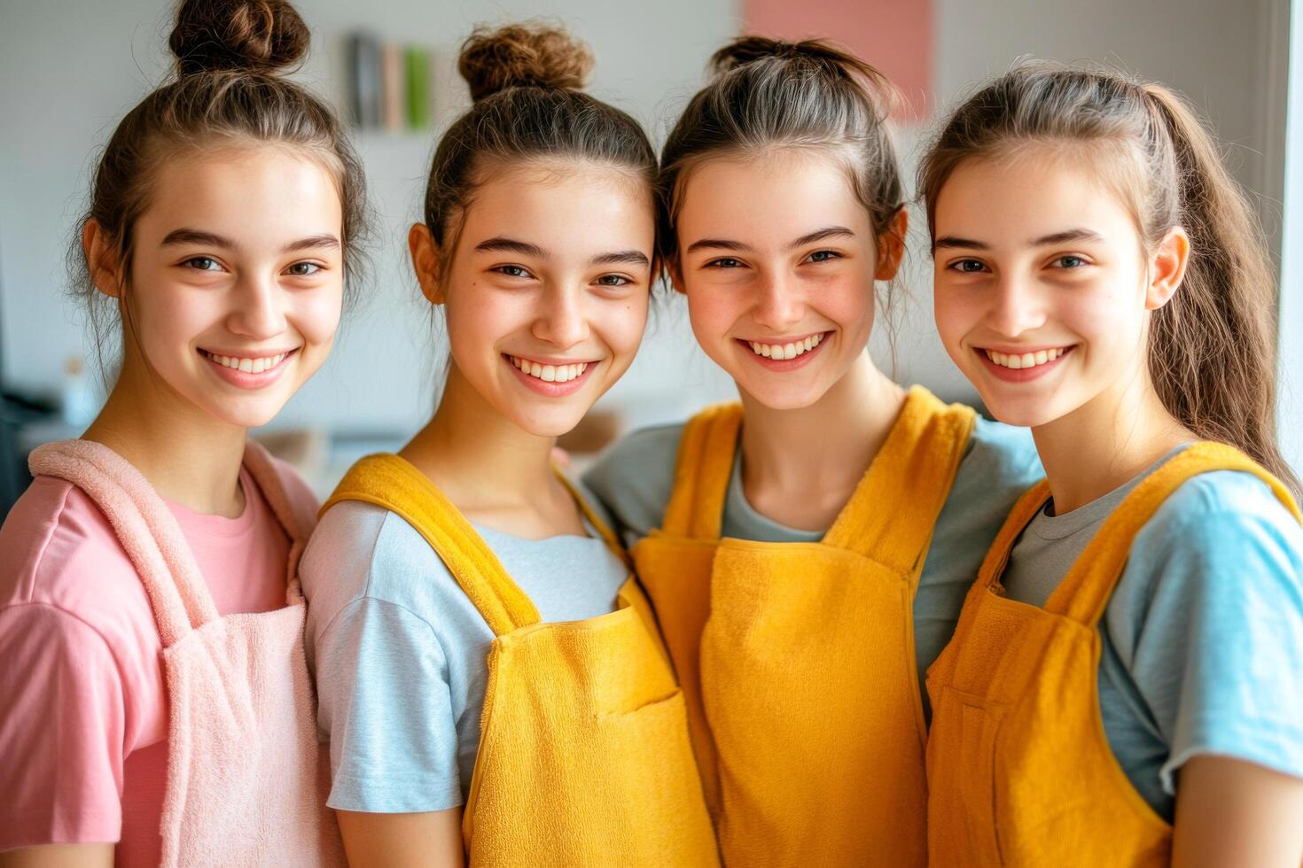 Group of four girls students smiling wearing yellow worker aprons for cleaning home, classfoom. Scene of happy and cheerful work photo