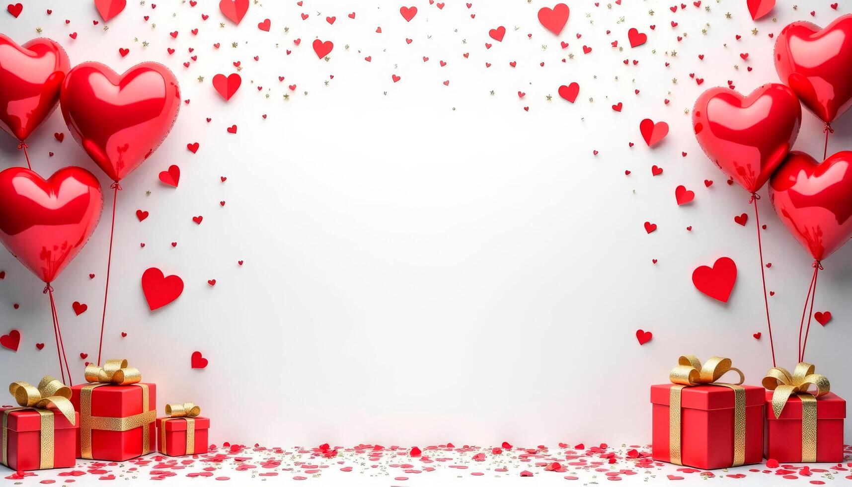 Valentines day background with red hearts, gift boxes, confetti and empty space for text photo