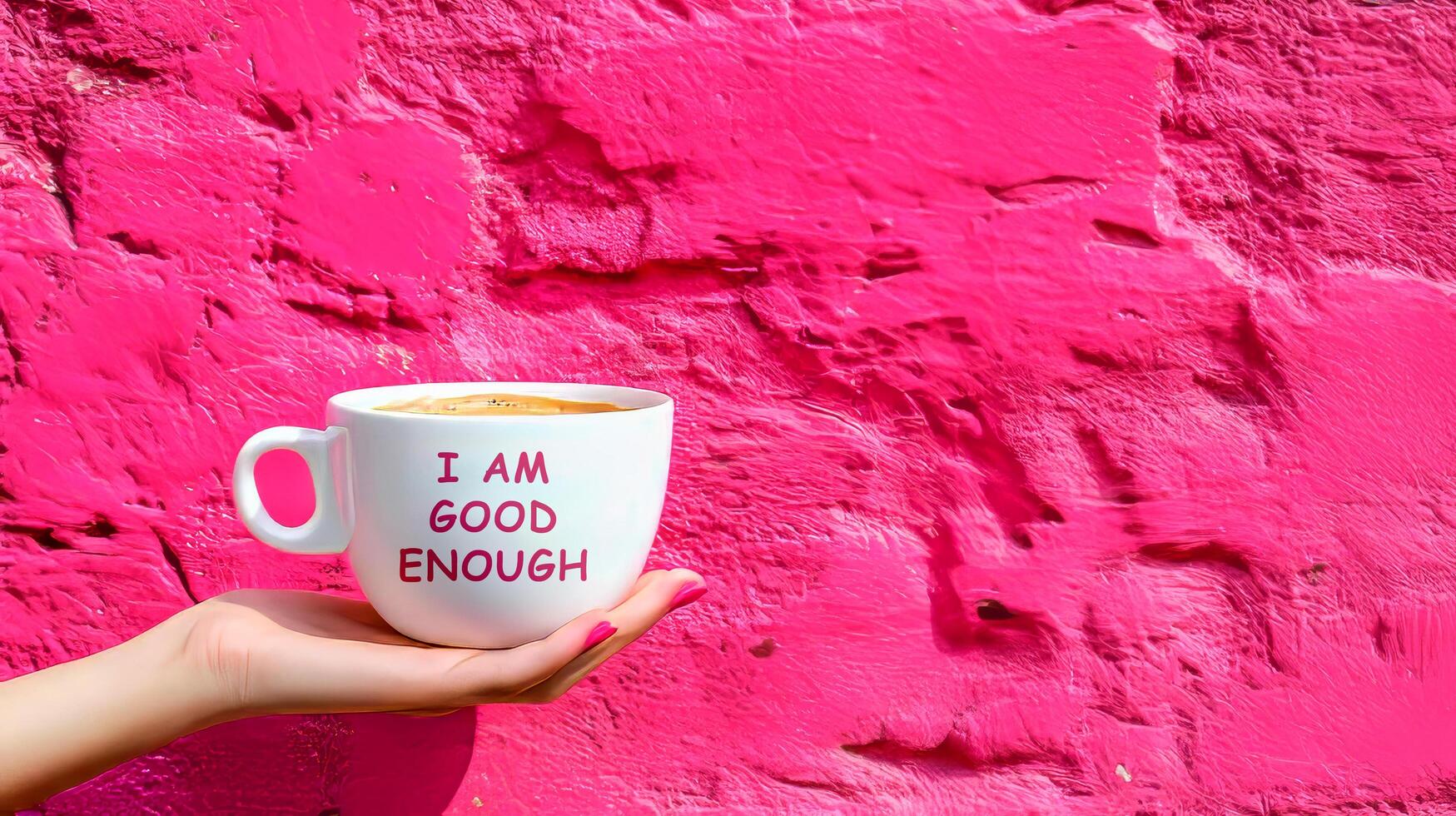 Person holding white coffee cup with lettering I am good enough against vibrant pink textured background, motivation and success concept photo