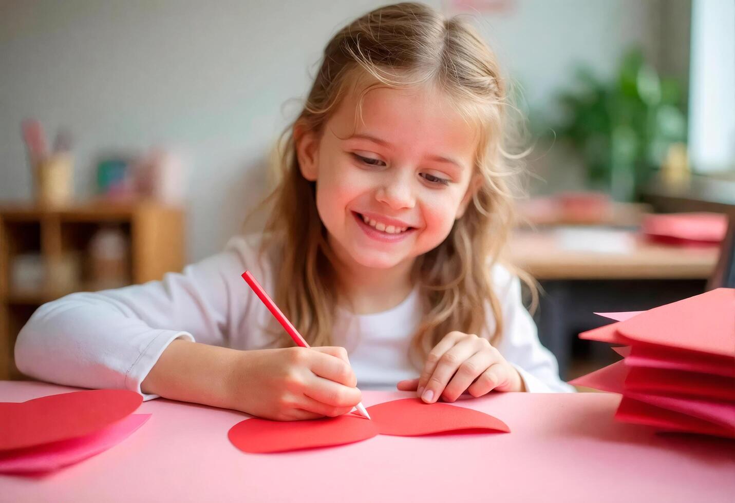 Happy smilling young girl drawing red heart on paper. She seems to be enjoying herself on valentine, mother day or birthday in light classroom photo