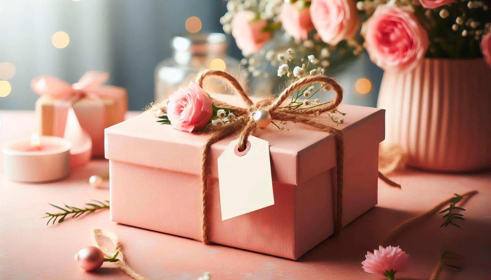 A pink box with a ribbon and a tag on it. The box is on a table with a vase of flowers and candles photo