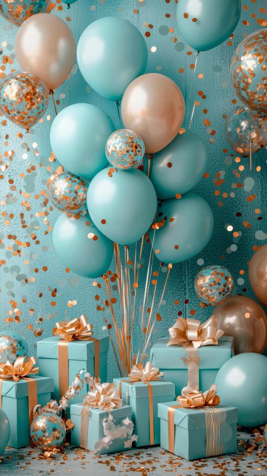 Blue and gold presents with bunch of balloons on party, birthday celebration. Scene festive and celebratory photo