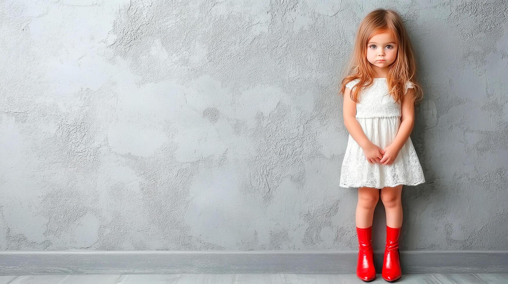 Little sad stylish girl in white dress and red boots stands in front of wall with copy spase photo