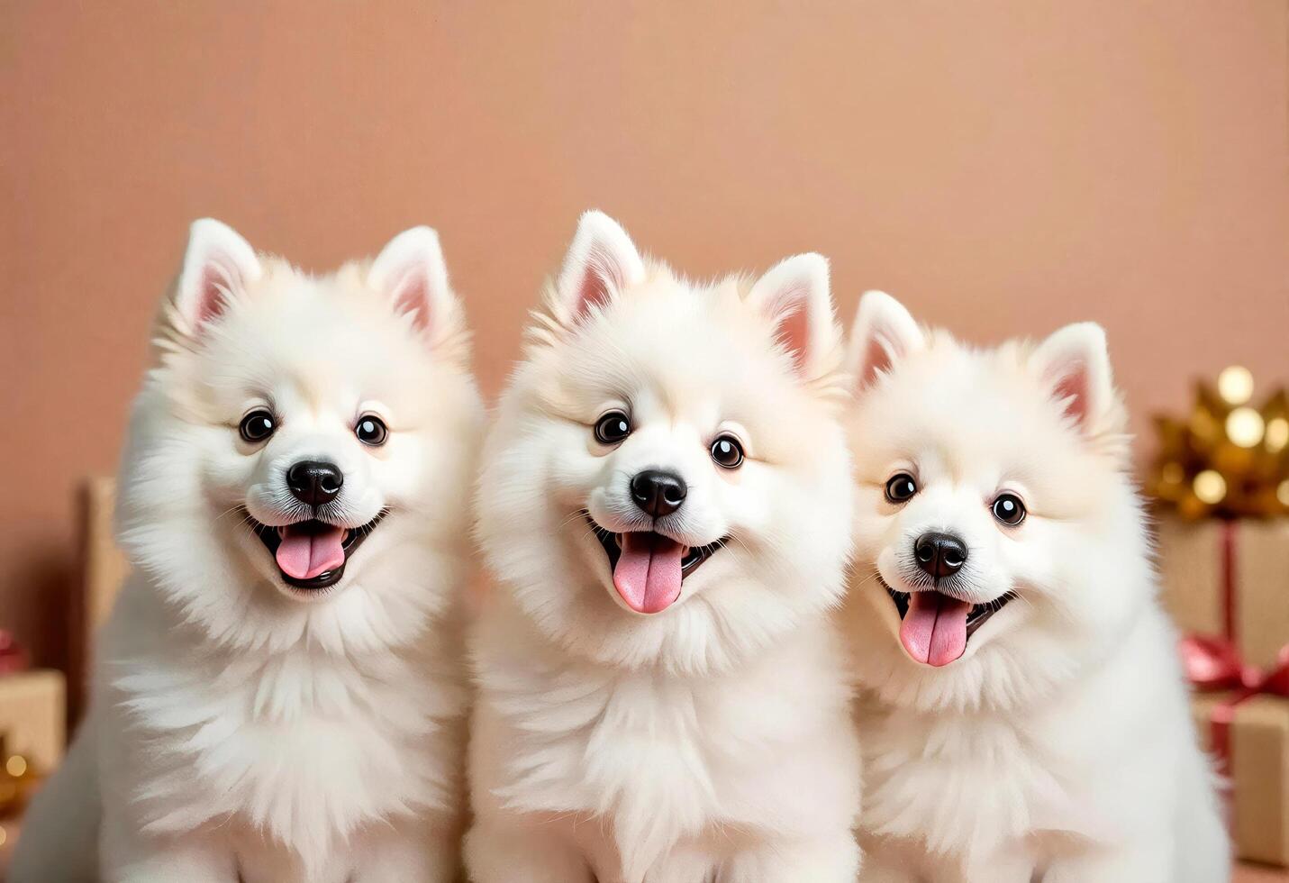 Three white pups sitting on bed with their tongues out and their mouths open. They all smiling and seem to be enjoying each other's company photo
