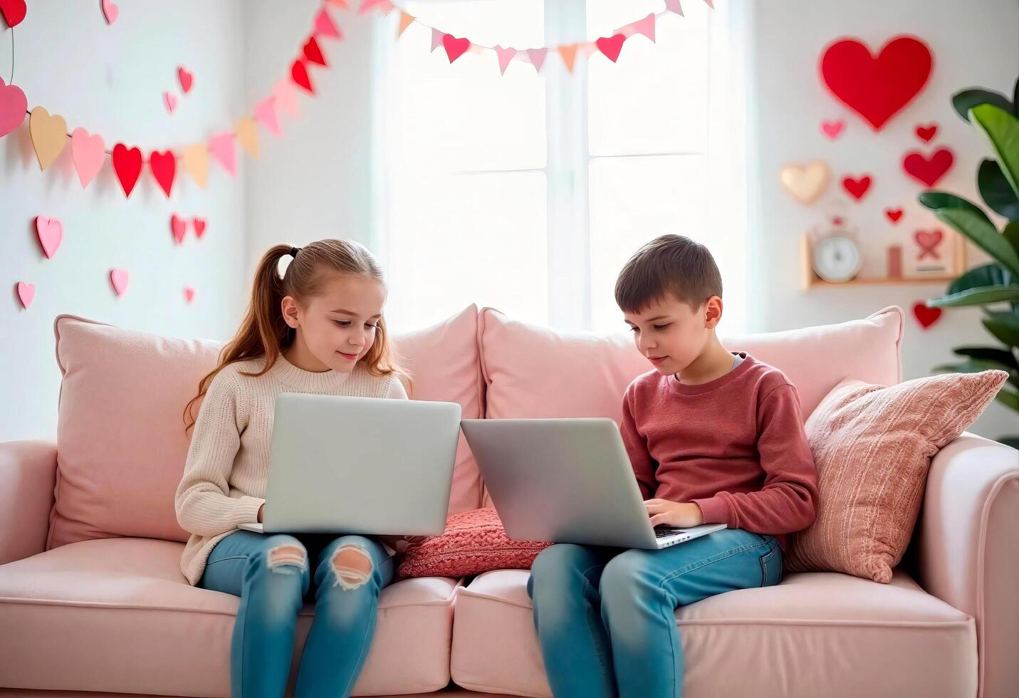 Two children on couch with laptop in room decorated with heart-shaped paper on valentine, mother day or birthday, giving warm and cozy atmosphere photo