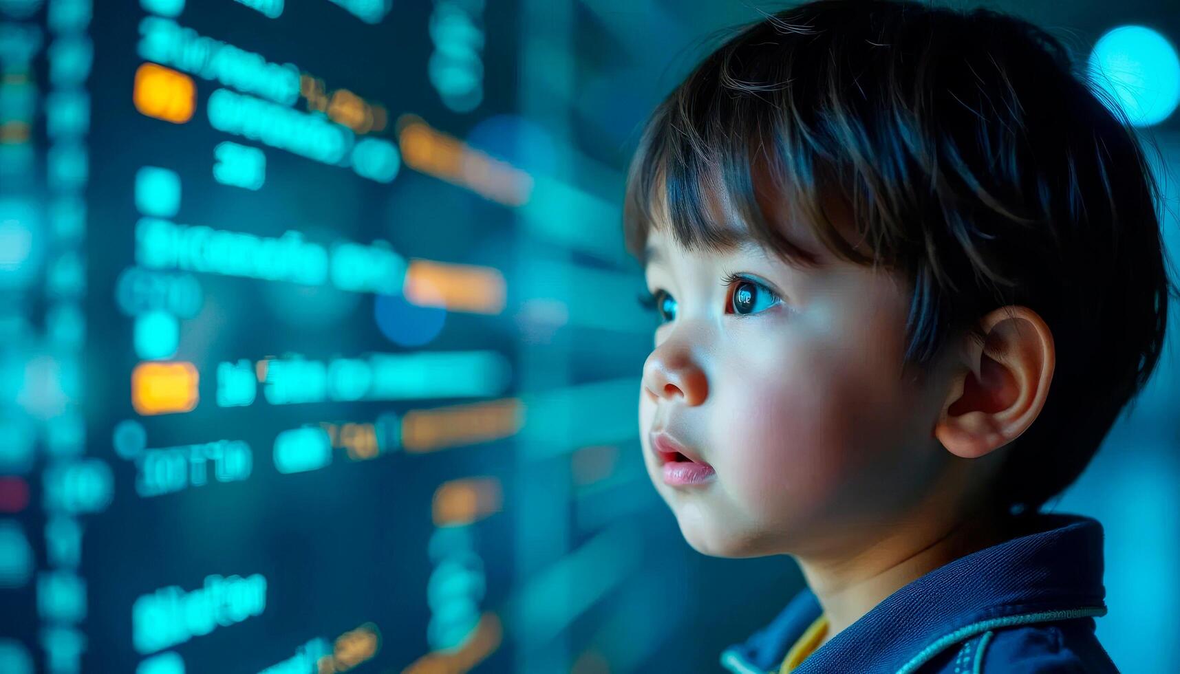 Asian boy looking at screen of monitor of computer with stock market data with numbers and letters. Modern technologies in teaching children photo