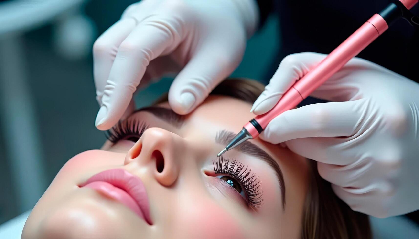 Woman in a beauty salon makes false eyelashes using a robot and modern technology photo