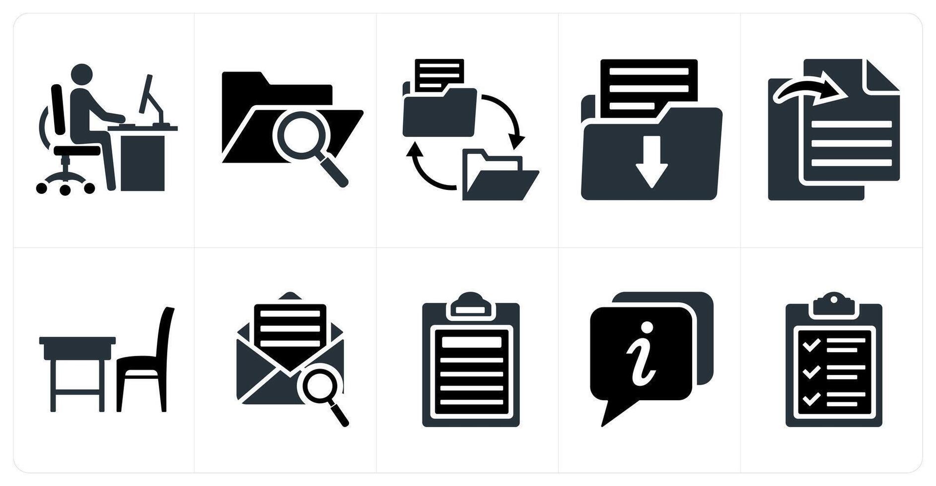 Set of 10 mix icons as office work, search folder, folder transfer vector