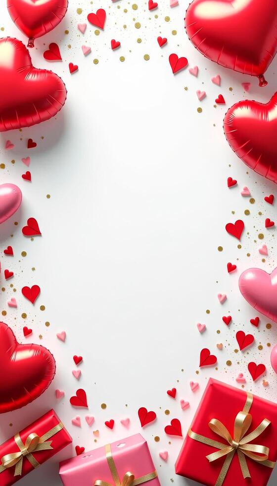 Valentine's day background with red hearts and gift boxes on vertical white photo