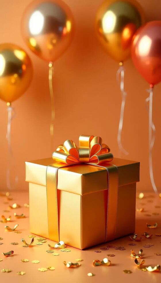 Gift box with golden ribbon and balloons on orange vertical background, closeup photo