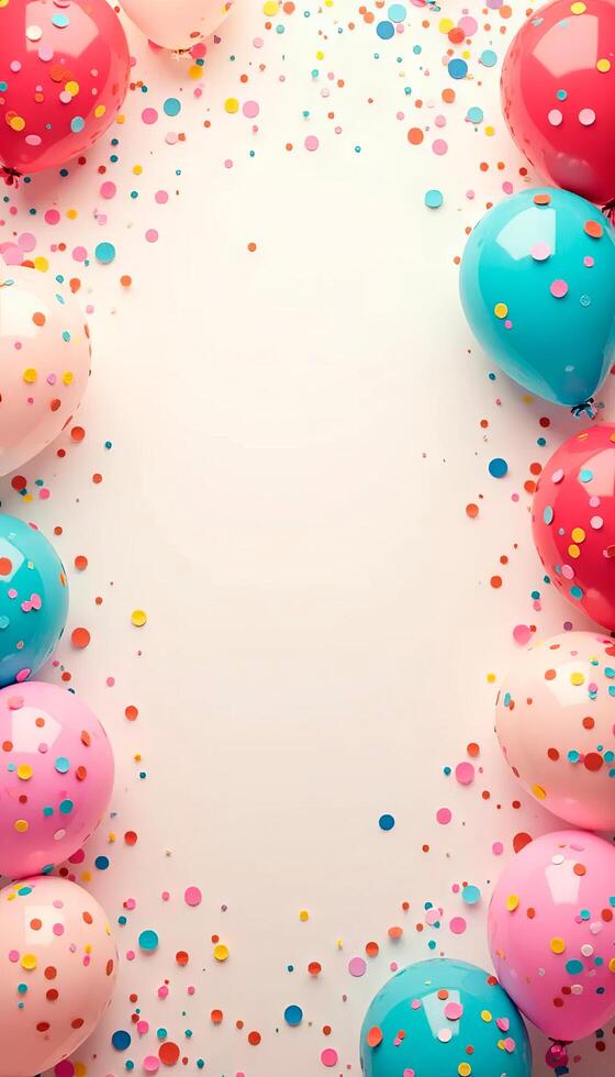 Vertical Colorful balloons and confetti on white background. Top view with copy space photo