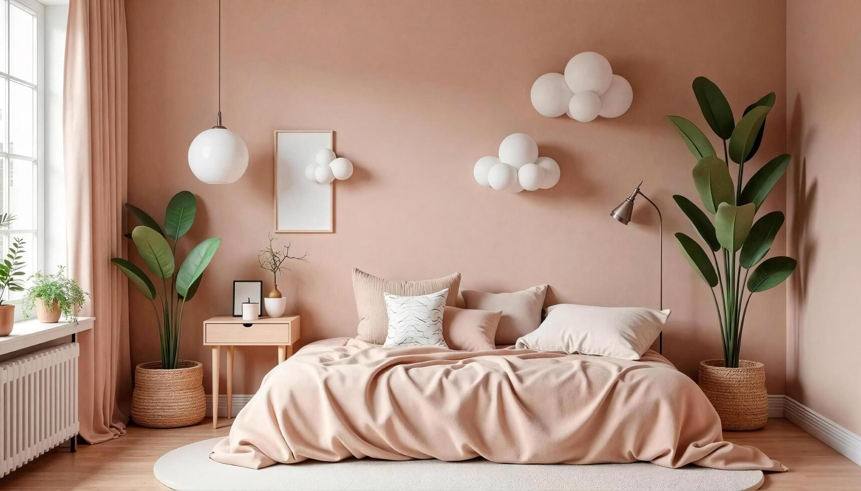 Children bedroom with beige wall and white curtains. Bed covered in comforter and pillows in Mocha Mousse colors photo