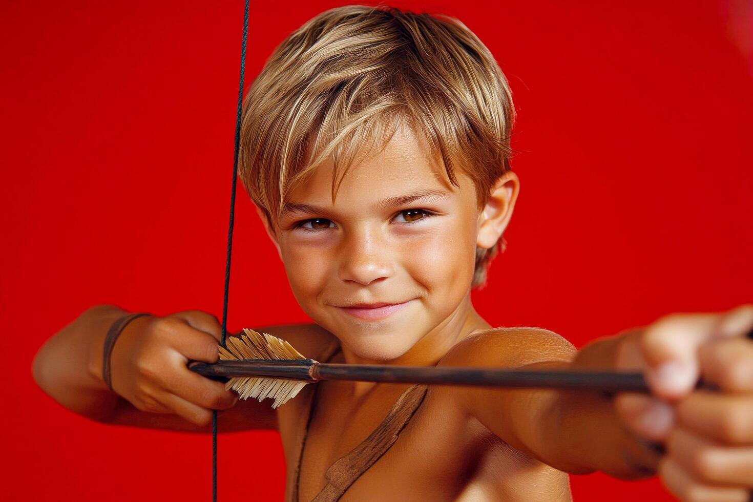 Young cupid boy holding arrow and smiling on valentine day, concept of innocence and joy, playful activity photo