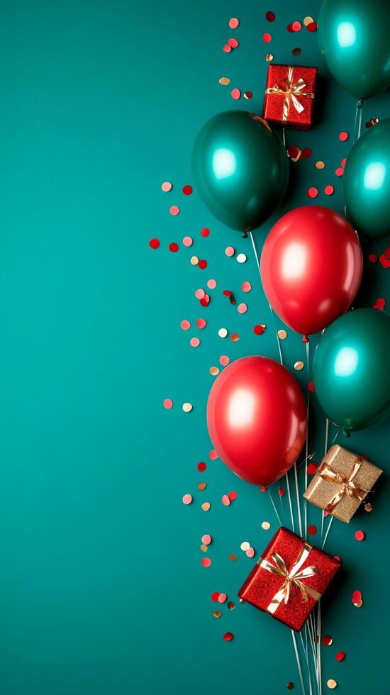 Holiday vertical background with red and green balloons, gift boxes and confetti on a green background photo