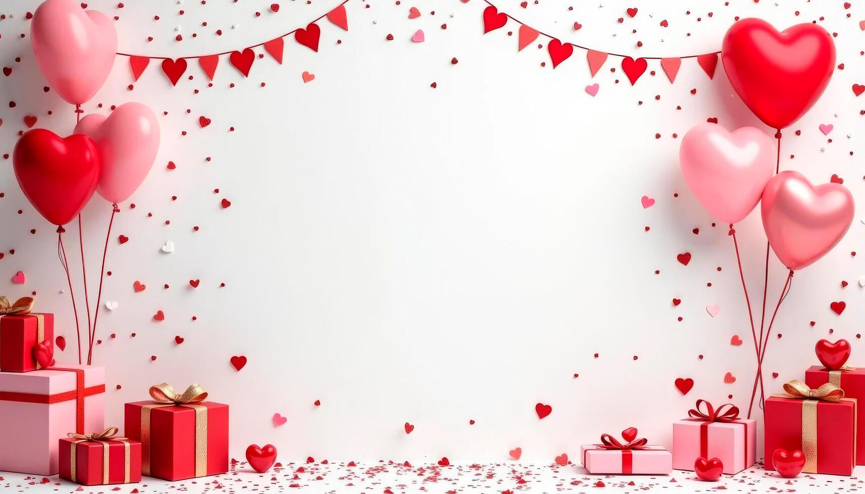 Valentine's day background with red heart shaped balloons, gift boxes and confetti with copy space photo