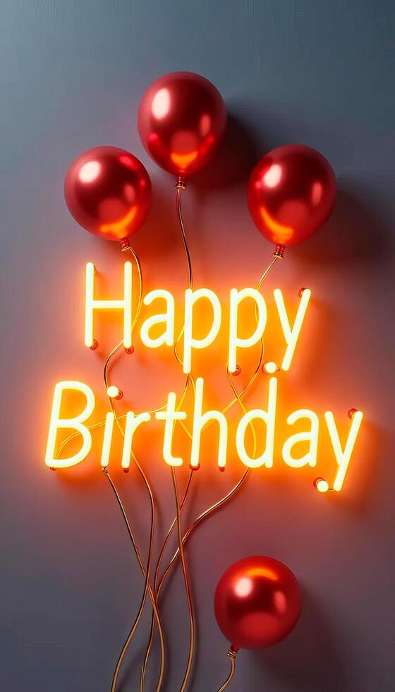 Happy Birthday lettering with red balloons on grey vertical background. Copy space photo
