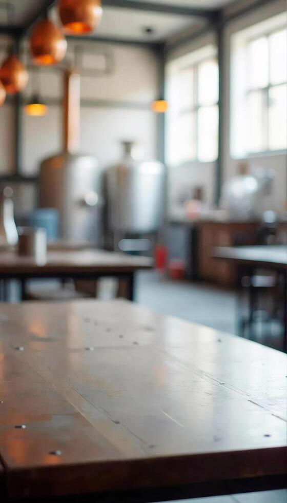 Beer distillery with wooden empty tabletop in industrial bilding for product or alcohol liquid photo