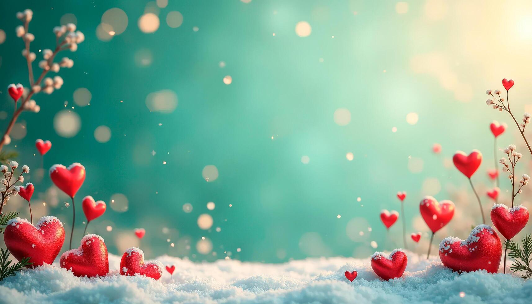 Valentines day background with red hearts and snow on bokeh background photo