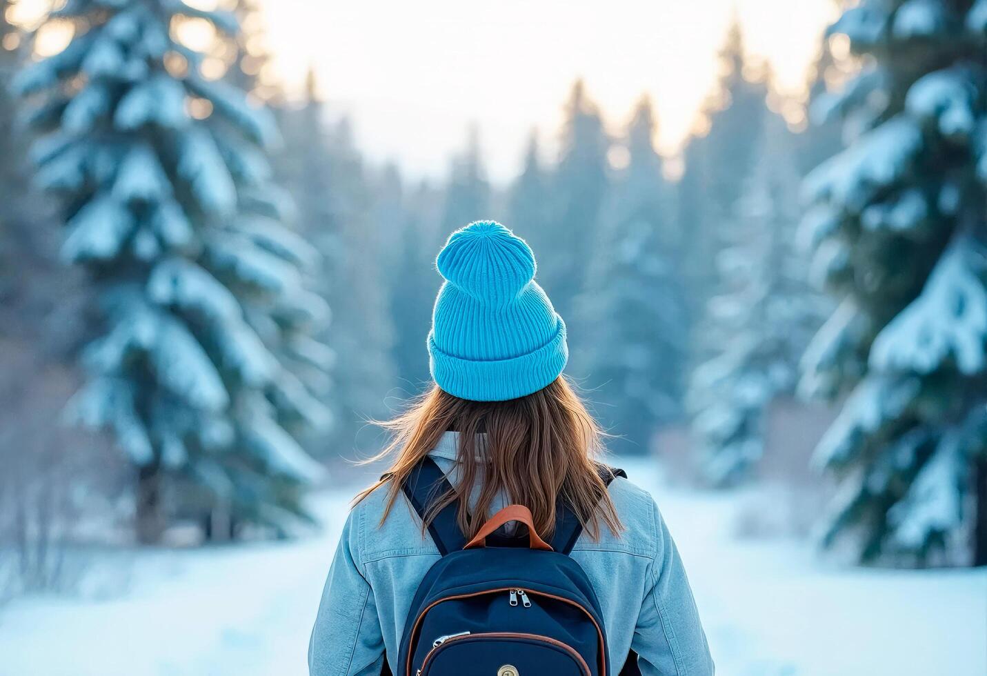 Back view of girl in a blue hat with backpack walking in the winter forest photo