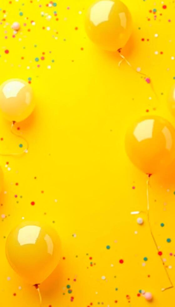 Colorful balloons and confetti on yellow vertical barthday background. Flat lay, top view photo