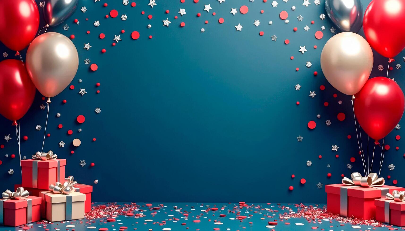 Red and silver birthday balloons, gift boxes and confetti on blue background with space for text photo