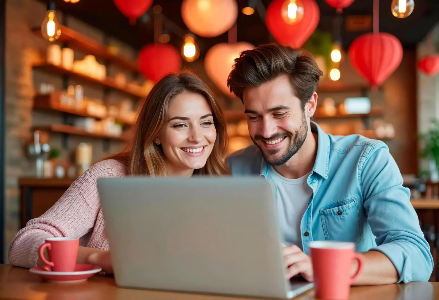 Happy lovely man and woman sitting with laptop open in front of them. Couple smiling and looking at screen, possibly sharing photo or