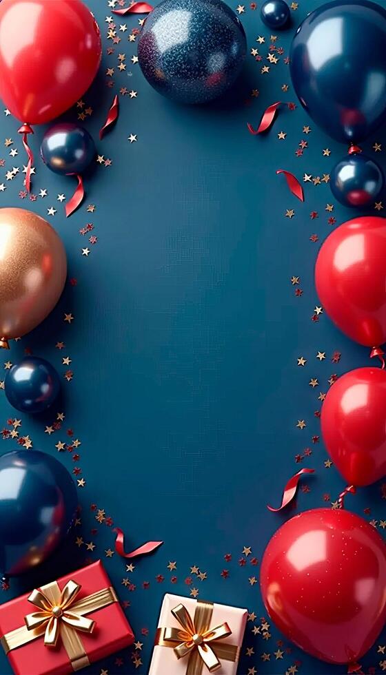 Red and blue balloons, confetti and gift box on birthday vertical background with space for text. photo