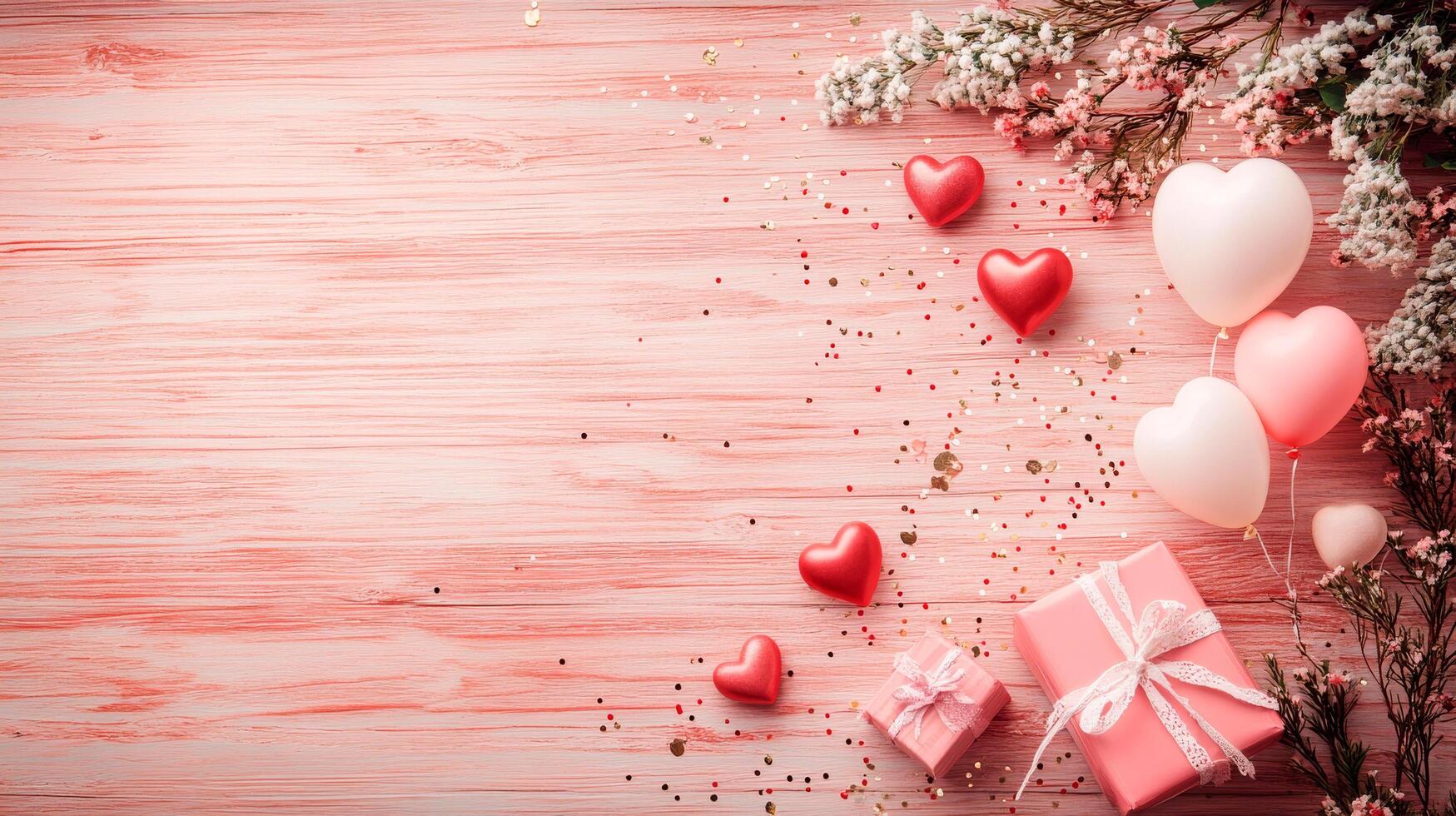 Valentine's day background with pink hearts and gift box on wooden board with space for text photo