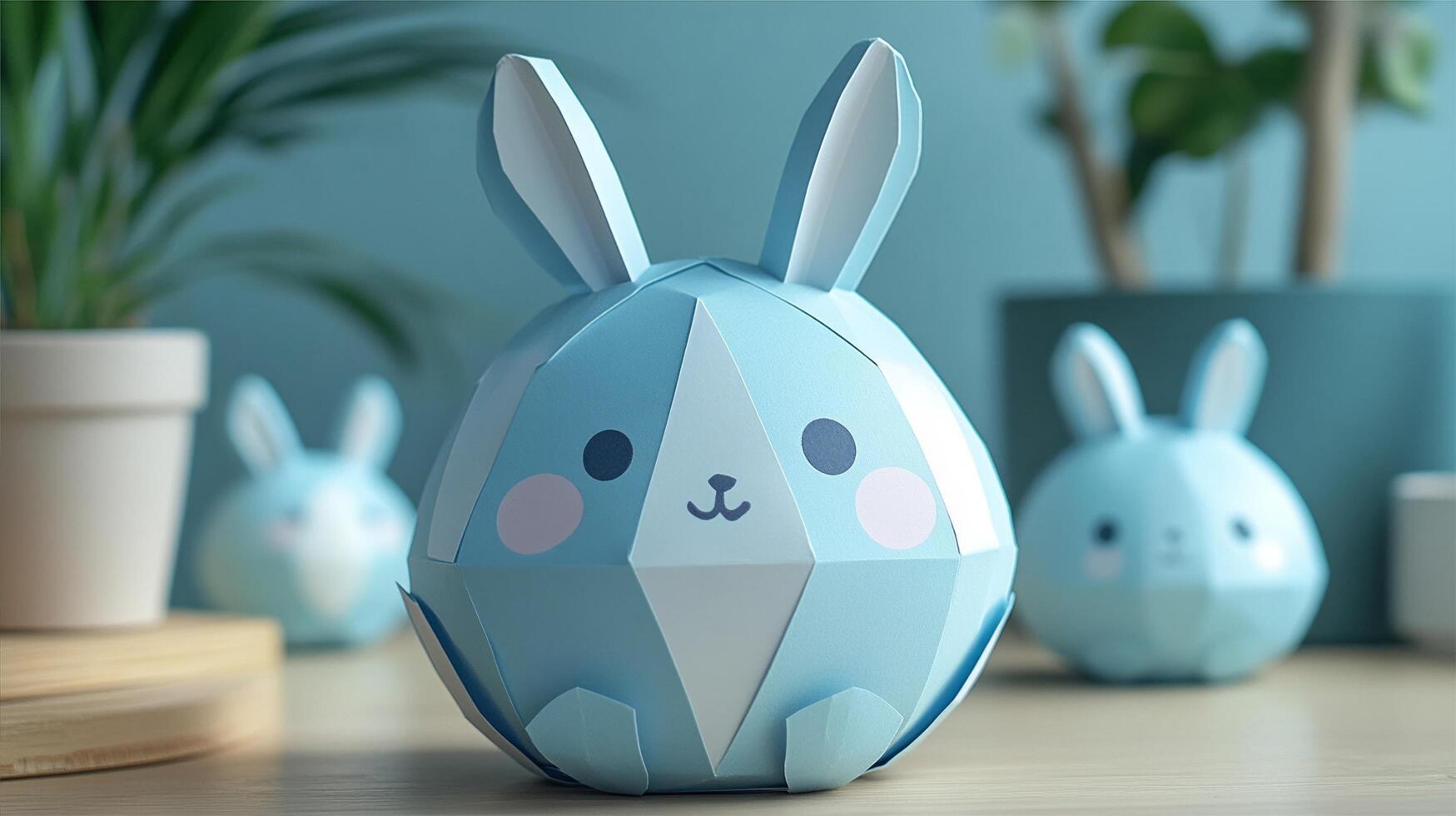 Easter DIY paper egg with cute bunny ears on table in room, closeup photo
