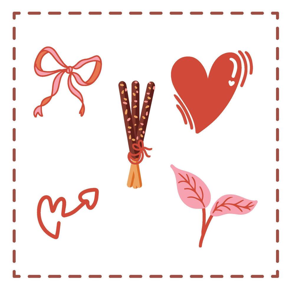 Valentine's Day Sticker Set Greetings Card pocky bucket red heart signal ribbon vector