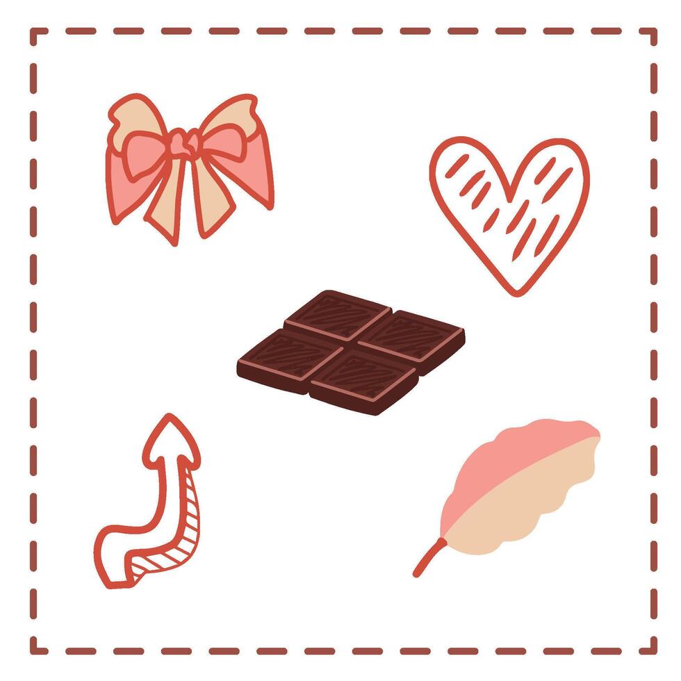 Valentine's Day Sticker Set Greetings Card chocolates bar simple heart shapes love arrow ribbon leaves pink vector