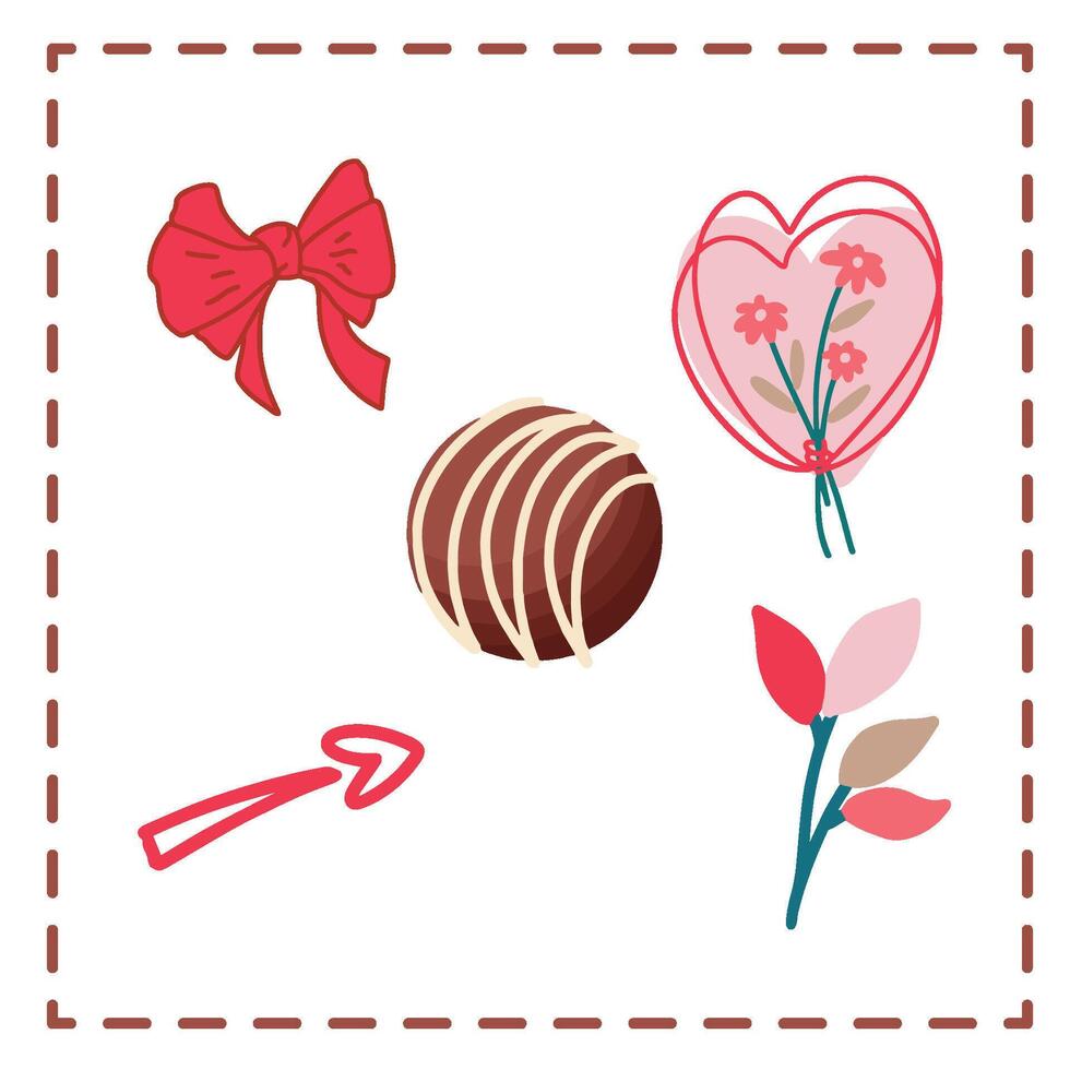 Valentine's Day Sticker Set Greetings Card chocolate ball flower heart bucket simple ribbon vector