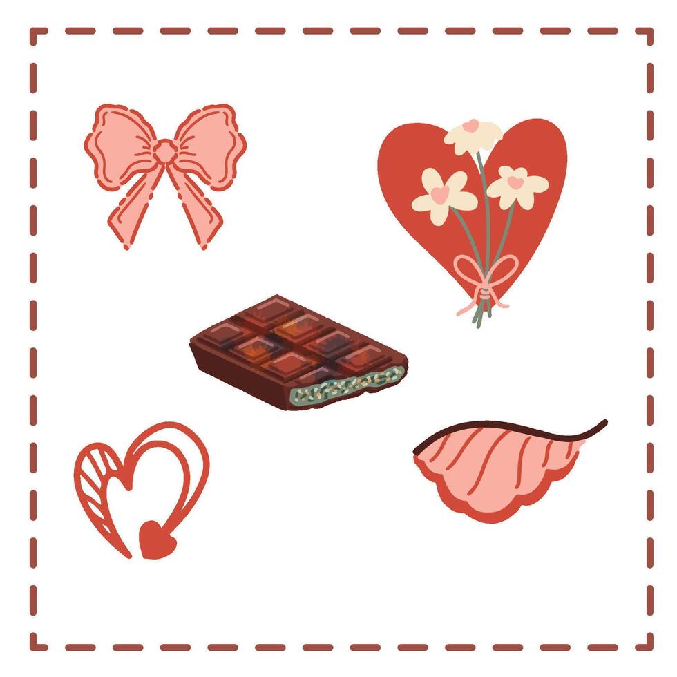 Valentine's Day Sticker Set Greetings Card chocolate dubai flower red heart leaves arrow vector