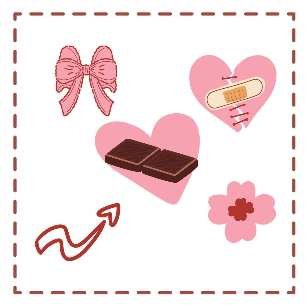 Valentine's Day Sticker Set Greetings Card chocolate bar pink bandage simple clover vector