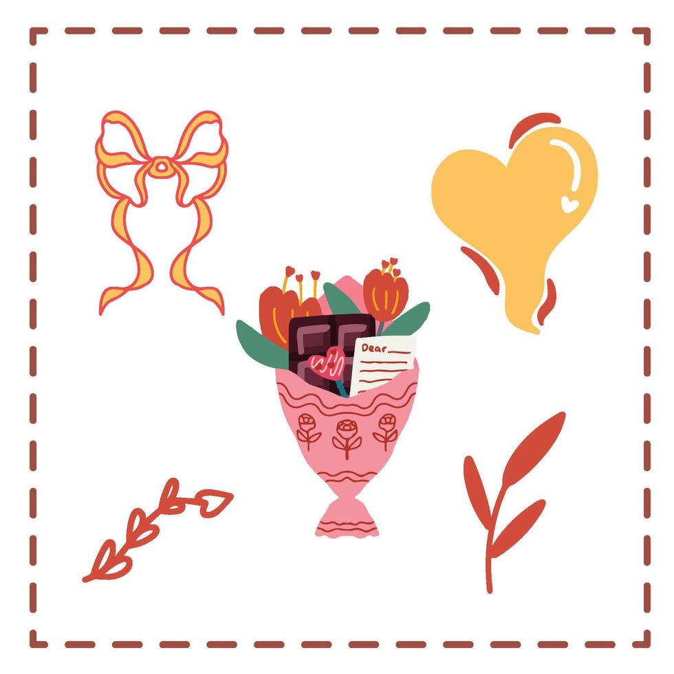Valentine's Day Sticker Set Greetings Card chocolates bucket letter love shape abstract vector