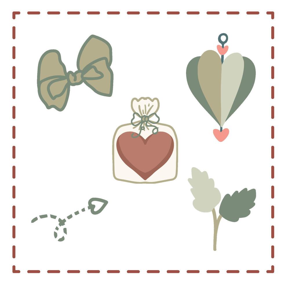 Valentine's Day Sticker Set Greetings Card green chocolates gift baloons ribbon leaves vector